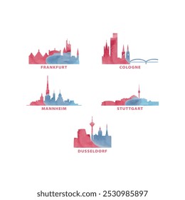 Alemanha cidades skyline vetor logotipo, conjunto de ícones. Aquarela Frankfurt, Colônia, Mannheim, Estugarda, Dusseldorf. Coleção gráfica isolada