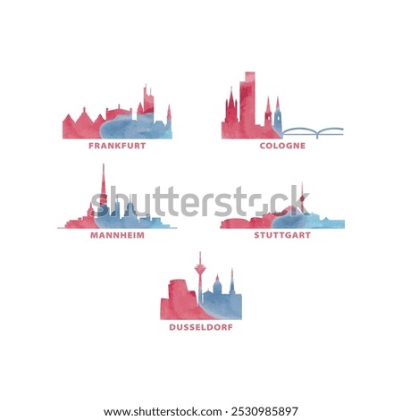 Germany cities skyline vector logo, icon set. Watercolor Frankfurt, Cologne, Mannheim, Stuttgart, Dusseldorf silhouette. Isolated graphic collection