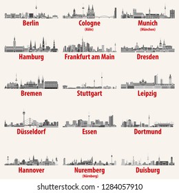 Ciudades alemanas esbozan iconos en conjunto vectorial de paleta de color blanco y negro