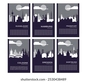 Germany city poster pack with skylines, cityscapes of Dusseldorf, Hamburg, Frankfurt, Cologne, Dresden, Dortmund. Vector layout set for vertical brochure, website, flyer, presentation