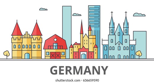 Germany city skyline. Buildings, streets, silhouette, architecture, landscape, panorama, landmarks. Editable strokes. Flat design line vector illustration concept. Isolated icons on white background