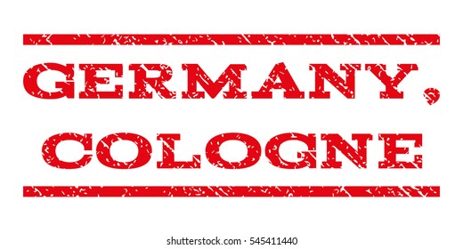 Germany, Cologne watermark stamp. Text caption between horizontal parallel lines with grunge design style. Rubber seal stamp with scratched texture.