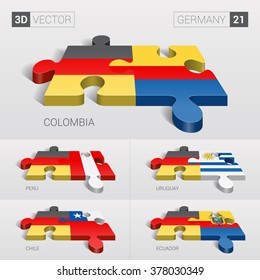 Germany and Colombia, Peru, Uruguay, Chile, Ecuador Flag. 3d vector puzzle. Set 21.