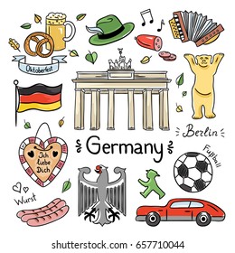 Germany color hand drawn illustrations. Vector symbols of Germany: travel icons and doodles