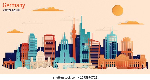 Germany colorful paper cut style, vector stock illustration. Cityscape with all famous buildings. Germany skyline composition for design 