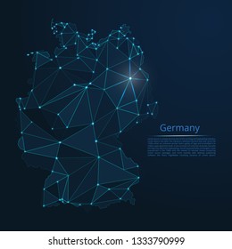 Germany communication network map. Vector low poly image of a global map with lights in the form of cities in or population density consisting of points and shapes in the form of stars and space.