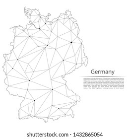 Germany communication network map. Vector low poly image of a global map with lights in the form of cities in or population density consisting of points and shapes and space. Easy to edit