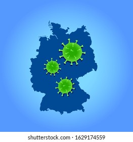 Germany Corona Virus With Map. Green Virus Illustration In Germany. Europe Nation Problem. Coronavirus. Outbreak.