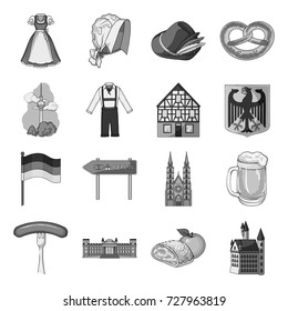 Germany, country, architecture and other web icon in monochrome style. Attributes, tourism, Oktoberfest icons in set collection.