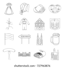 Germany, country, architecture and other web icon in outline style. Attributes, tourism, Oktoberfest icons in set collection.