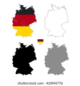 Germany country black silhouette and with flag on background, isolated on white