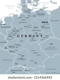 Alemanha, um país da Europa Central com capital Berlim, mapa político cinza. República Federal da Alemanha com seus 16 estados constituintes, suas capitais e maiores cidades, e países vizinhos.