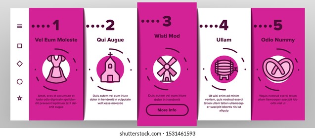 Germany Country Culture Onboarding Mobile App Page Screen Vector Thin Line. Germany Flag And Mountain, National Hat And Suit, Food And Beer Concept Linear Pictograms. Contour Illustrations