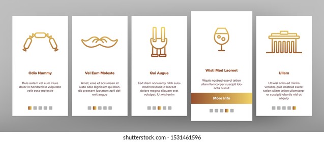 Germany Country Culture Onboarding Mobile App Page Screen Vector Thin Line. Germany Flag And Mountain, National Hat And Suit, Food And Beer Concept Linear Pictograms. Contour Illustrations