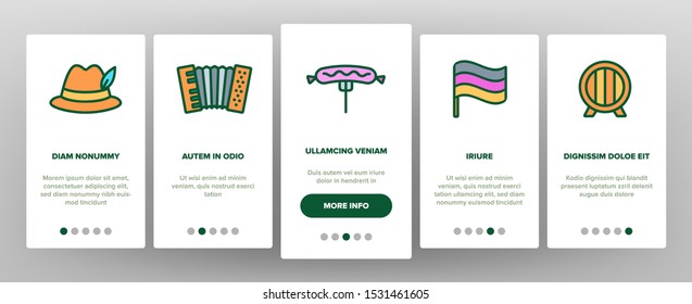 Germany Country Culture Onboarding Mobile App Page Screen Vector Thin Line. Germany Flag And Mountain, National Hat And Suit, Food And Beer Concept Linear Pictograms. Contour Illustrations