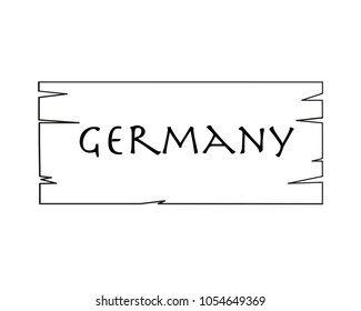 Germany, country name written on white background, surface inside drawn wooden frame. Vector drawn frame.
