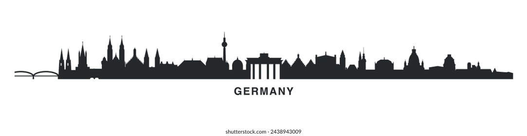 Horizonte de Alemania con panorama de ciudades. Banner plano vectorial, logotipo. Berlín, Frankfurt, Colonia, Hamburgo, Dusseldorf silueta para pie de página, vapor, cabecera. Gráfico aislado