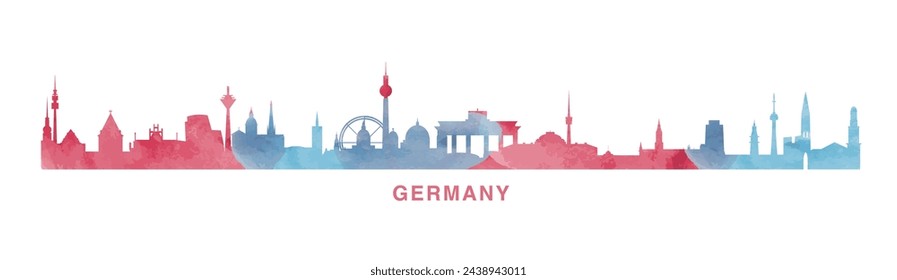 Horizonte de Alemania con panorama de ciudades. Banner plano vectorial, logotipo. Berlín, Bremen, Múnich, Leipzig, Dortmund megapolis silueta para pie de página, vapor, cabecera. Gráfico aislado