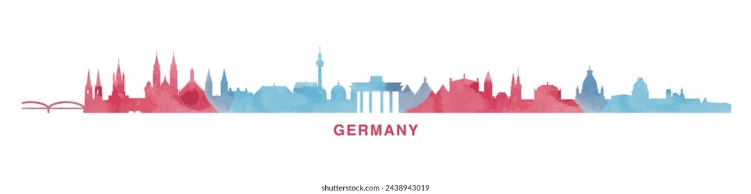 Germany country watercolor skyline with cities panorama. Vector flat banner, logo. Berlin, Frankfurt, Cologne, Hamburg, Dusseldorf silhouette for footer, steamer, header. Isolated graphic