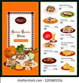 Germany cuisine menu, healthy traditional food. Vector salad with ham or cheese and curd cake, cabbages and cold dog, mustard potatoes and soup, goulash on plate