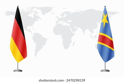 Banderas de Alemania y la República Democrática del Congo para reunión oficial con el fondo del mapa mundial.