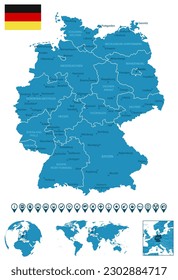 Germany - detailed blue country map with cities, regions, location on world map and globe. Infographic icons. Vector illustration