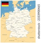 Germany - detailed map with administrative divisions and country flag. Vector illustration