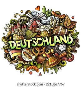 Germany Deutschland cartoon doodles illustration. Funny travel design. Creative art vector background. Handwritten text with German symbols, elements and objects