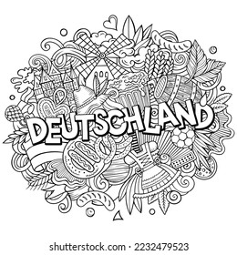 Germany Deutschland cartoon doodles illustration. Funny travel design. Creative sketchy vector background. Handwritten text with German symbols, elements and objects