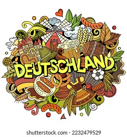 Germany Deutschland cartoon doodles illustration. Funny travel design. Creative art vector background. Handwritten text with German symbols, elements and objects