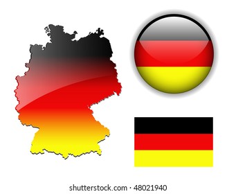 Germany, Deutschland flag, map and glossy button, vector illustration set.