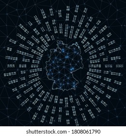 Germany digital map. Binary rays radiating around glowing country. Internet connections and data exchange design. Vector illustration.