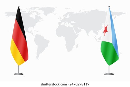 Germany and Djibouti flags for official meeting against background of world map.