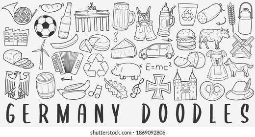 Alemania, conjunto de iconos de doodle. Colección de ilustraciones del vector de estilo de país alemán. Estilo de arte de la línea trazada por la mano de la pancarta.