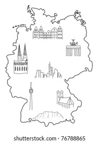 Germany - doodle map with famous places: Berlin, Hamburg, Cologne, Frankfurt, Stuttgart, Munich and Alps