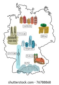 Germany - doodle map with famous places: Berlin, Hamburg, Cologne, Frankfurt, Stuttgart, Munich and Alps