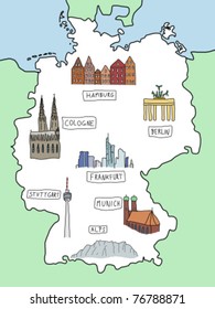 Germany - doodle map with famous places: Berlin, Hamburg, Cologne, Frankfurt, Stuttgart, Munich and Alps. Color version.