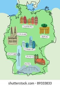 Germany - doodle map with famous places: Berlin, Hamburg, Cologne, Frankfurt, Stuttgart, Munich and Alps. Color version.
