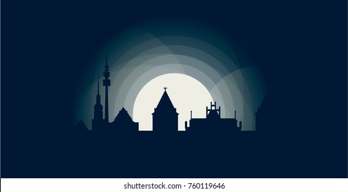 Germany Dortmund blue night moon sunset city panorama landscape horizon buildings skyline flat icon logo