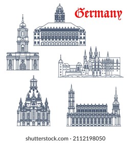 Germany, Dresden architecture vector buildings, churches and cathedrals, travel landmarks. Dresden Frauenkirche or Church of Our Lady, Holy Trinity Cathedral, Albrechtsberg Palace and Neues Rathaus