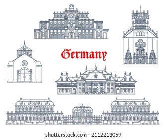 Germany, Dresden and Trier vector architecture buildings, travel landmarks. Pillnitz Schloss castle and Kreuzkirche or Church of Holy Cross, Semperoper opera house and Zwinger palace in Germany