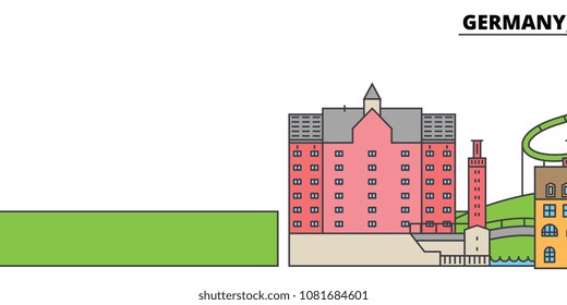 Germany, Duisburg. City skyline, architecture, buildings, streets, silhouette, landscape, panorama, landmarks. Editable strokes. Flat design line vector illustration concept. Isolated icons