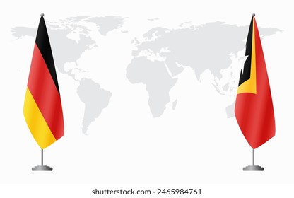 Germany and East Timor flags for official meeting against background of world map.