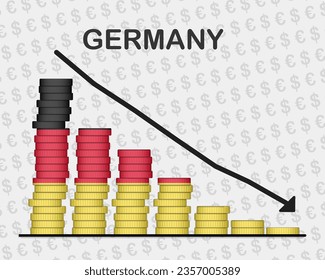 El colapso económico de Alemania, la disminución de los valores con monedas, la crisis y el concepto de degradación, la bandera alemana con cambios, la flecha en caída, la idea de banner noticioso, el fracaso y la disminución, la decadencia financiera