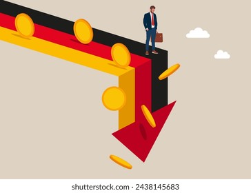 Colapso de la economía alemana. Colapso económico. Inestabilidad financiera y caída del mercado de valores. Inversor cayendo de la pila de dinero inestable. Ilustración vectorial.