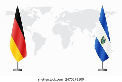 Germany and El Salvador flags for official meeting against background of world map.