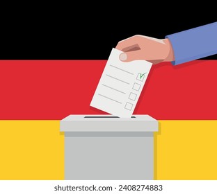 Germany election concept. Hand puts vote bulletin into vote box.