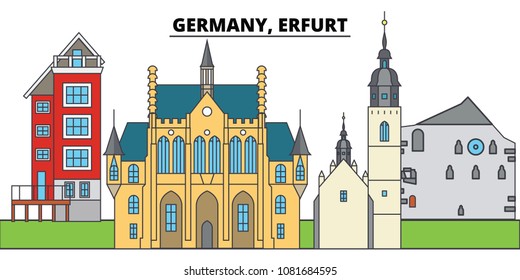 Germany, Erfurt. City skyline, architecture, buildings, streets, silhouette, landscape, panorama, landmarks. Editable strokes. Flat design line vector illustration concept. Isolated icons