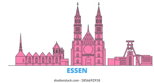 Alemania, Essen línea de paisaje urbano, vector plano. Punto de referencia de la ciudad de viajes, ilustración de oultine, íconos del mundo de la línea