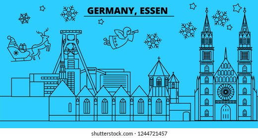 Germany, Essen winter holidays skyline. Merry Christmas, Happy New Year decorated banner with Santa Claus.Germany, Essen linear christmas city vector flat illustration